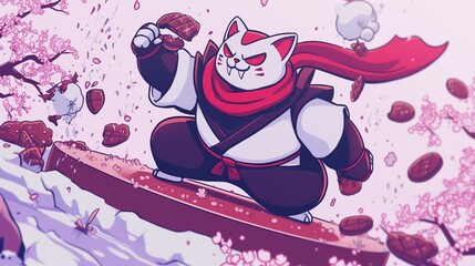 Martial Arts Cat Riding Chocolate Through Cherry Blossoms