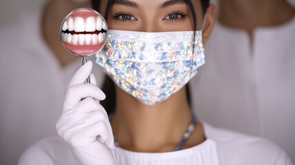 Dentist Holding Mirror with Sparkling Mask and White Teeth