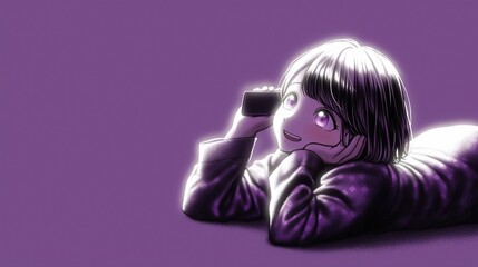 Relaxed Anime Character with Phone and Purple Glow