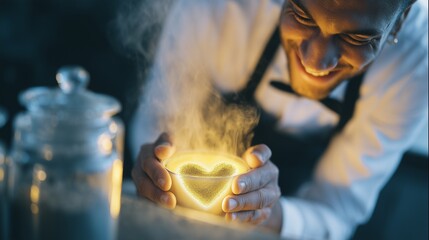 Smiling Barista Holding Glowing Heart Cup of Coffee