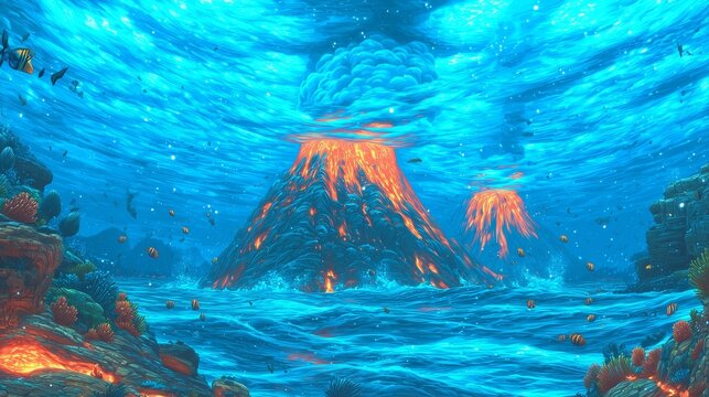 Underwater Volcano Eruption in a Fantasy Ocean World