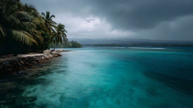 Tropical coast with lush palm trees lining a rocky shore facing clear turquoise ocean waters under a dramatic overcast stormy sky - Powered by Adobe
