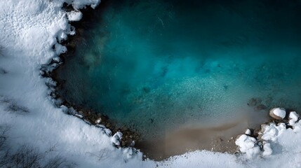 An aerial view of a clear turquoise water body bordered by snow covered banks in winter