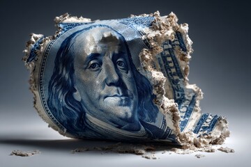 Crisis depicted: the story of inflation and its impact on the economy. Color background. Us dollar tears away as inflation rates rise: a visual financial dive. Studio portrait. Lifestyle shot.