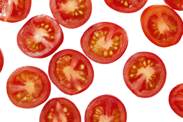 Sliced tomatoes, vibrant red, circular slices,  scattered on black background