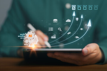 Artificial intelligence growth concept with digital icons and upward arrows on tablet screen, symbolizing AI innovation, business technology development, and future data-driven strategy success.