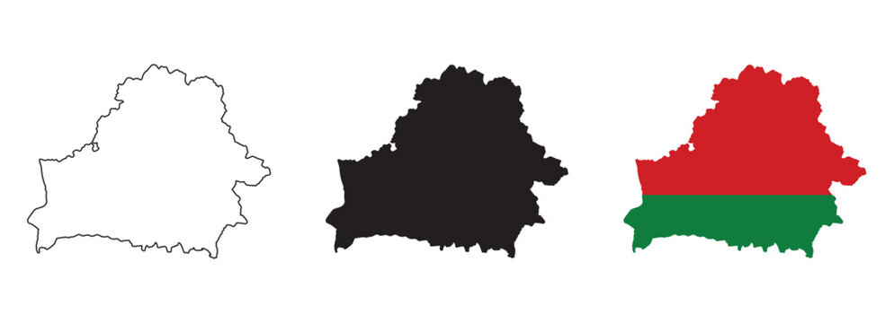 Belarus map vector set with editable country outline black silhouette and national flag design featuring red green and white pattern isolated on white background for geography and education projects
