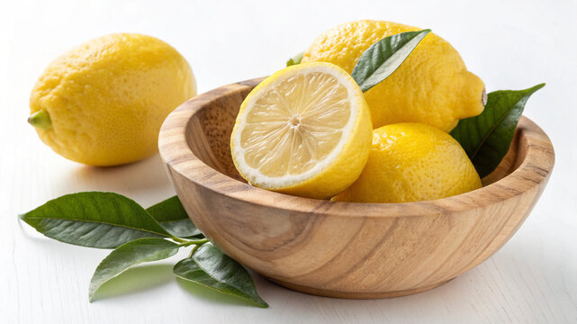 Lemon in bowl and lemon slice in white background