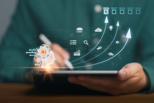 Artificial intelligence growth concept with digital icons and upward arrows on tablet screen, symbolizing AI innovation, business technology development, and future data-driven strategy success.