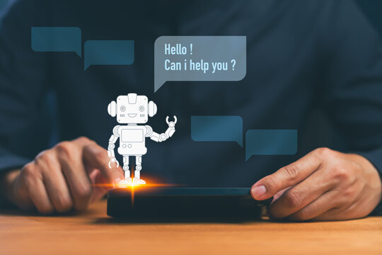 Artificial intelligence chatbot assistance concept showing a friendly robot with speech bubbles on a digital tablet, representing virtual customer support, communication, and smart technology service.