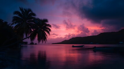 Tropical island bay at dusk with silhouetted palm trees and boats under a vibrant purple and pink sunset sky