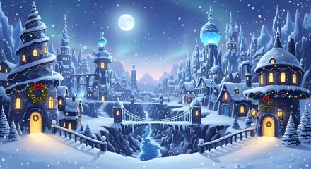 Fantasy Winter Town Night Scene Snowy Village With Moonlit Sky Castle Architecture Festive Season