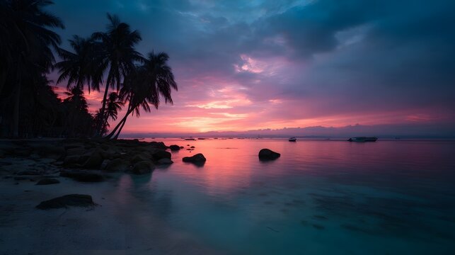 Vibrant sunset over a tranquil tropical beach with silhouetted palm trees and calm ocean - Powered by Adobe
