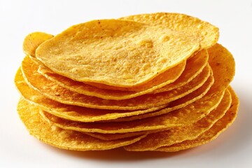 Corn Tostada: Stack of Yellow Corn Tortilla Shells on White Background