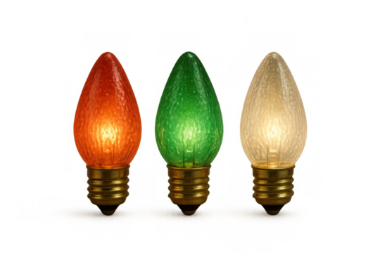 Colorful christmas lights illuminating, holiday season decorations, red green yellow bulbs, transparent background