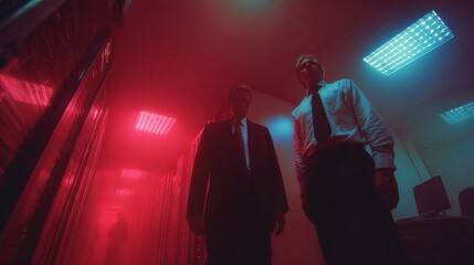 Strategic minds in the digital fortress. Unusual perspectives. Diverse it experts addressing network security in the server room. Edgy editorial. Grotesque style.