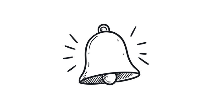 Hand drawn bell icon with sound lines on white background in doodle style