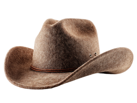 Close-up of a light brownish-tan cowboy hat.  Wide brim, soft texture, and a slightly rounded crown.  Tan leather-like band encircles the crown.  The hat is angled, showing the profile
