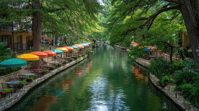 Covid Texas: San Antonio Riverwalk Umbrellas, Enjoying Summer in Beautiful Green Landscape - Powered by Adobe