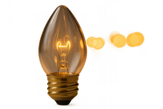 Warm illuminated filament light bulb generating inspiration and creative ideas with bokeh effect, isolated on transparent background