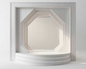 Minimalist geometric stage with layered podium and abstract architectural frame