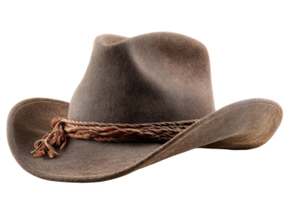Worn cowboy hat, muted brown tones, wide brim, braided band