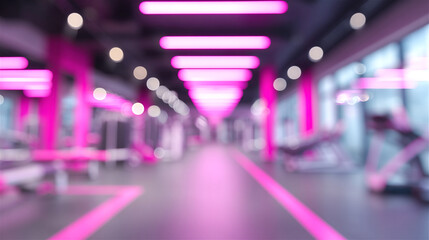 Gym interior abstract blur with strong pink neon lighting and bokeh effect creating a futuristic, energetic, and dynamic background for fitness, workout, and healthy lifestyle concepts