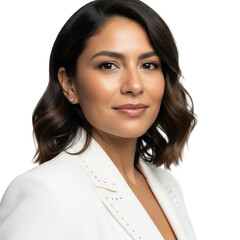 Elegant Person in White Blazer with Wavy Hair Facing Camera on White Background