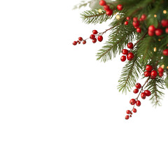 Christmas tree with red berries in the corner isolated on transparent or white background, png