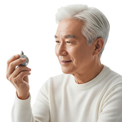 Senior Man Holding Small Timer and Smiling on White Background