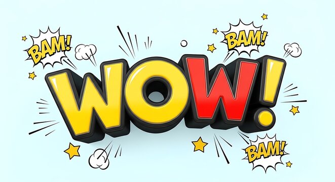 Vibrant 3D comic book 'WOW!' word with pop art elements