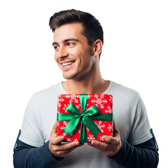 Smiling Man Holding Red Gift Box with Green Ribbon on White Background