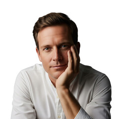 Thoughtful Man in White Shirt Resting Face on Hand Against White Background