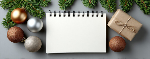 Blank notebook surrounded by Christmas ornaments, pine branches, and wrapped gift, perfect for new year planning