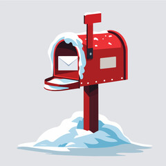 a small red mailbox covered in snow with a visible envelope inside