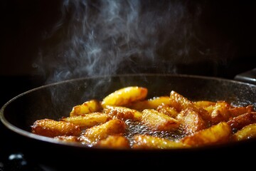 Fried potatoes sizzling in a pan, capturing the crispy texture and golden color, perfect for food photography.