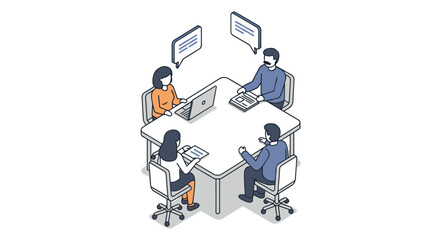 Team collaboration meeting with people discussing around office table in isometric style