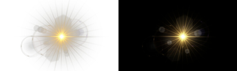 Obraz premium Golden sunlight flare with shining rays and bright glow. Warm summer light effect, sparkling glare, and radiant sunbeam. Perfect for sky, nature, and daylight design themes. Vector illustration.PNG 