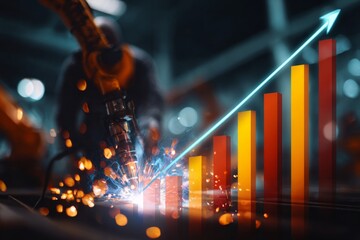 Obraz premium Revolutionizing production lines: the role of robotics in auto industry. Revenue optimization. Fine-tuning industrial robotics: adaptive engineering in action. Data insights. Profit projection.