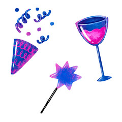 Happy birthday set. Wine glass, serpantine, wand illustration. Hand drawn illustration on isolated background