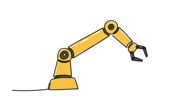 Handdrawn yellow robotic arm with claw in minimalist design on white background