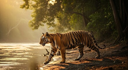 Fototapeta premium Tiger wildlife bengal predator nature animal feline wildcat striped carnivore mammal jungle forest river