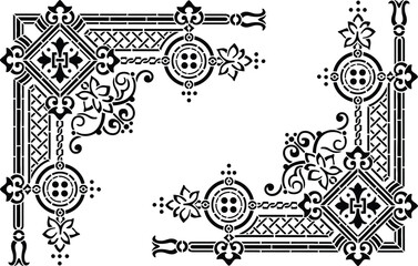 Two opposing intricate victorian and gothic style vector corner ornaments featuring detailed crosses, button elements, chain links, and dense geometric and floral patterns for vintage design.