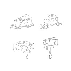 Melting cheese slice dripping. Gooey tasty dairy topping. Cheddar mozzarella snack icon. Creamy food ingredient for pizza sandwich burger design. Minimal outline vector and cartoon fill style.
