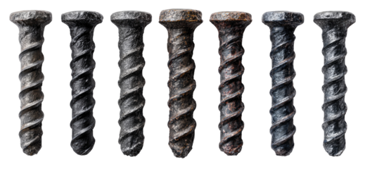 Seven aged screws in varying shades of dark gray and brown
