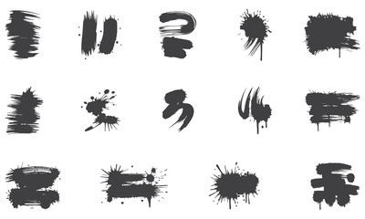 Collection of various black ink brush strokes and paint splatters.