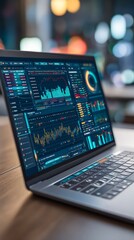 Navigating business challenges with advanced data science techniques. Pure reality. Futuristic vision: immersive 3d analytics with advanced laptop displays. Honest scene. Newsworthy image.