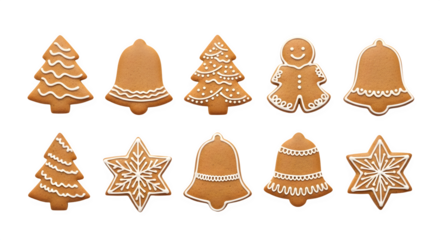 Festive gingerbread cookies with icing for the holidays on transparent background
