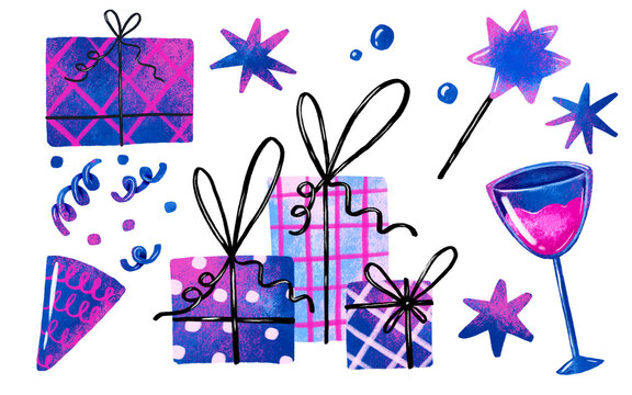 Happy birthday collection with gifts, serpantine , wine glass and magic wand. Hand drawn illustration on isolated background