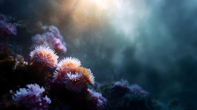 Sunlight streams through water illuminating delicate pink and orange sea anemones on a coral reef - Powered by Adobe
